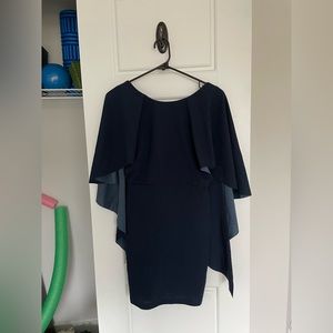 Open back navy blue fitted cape sleeve dress